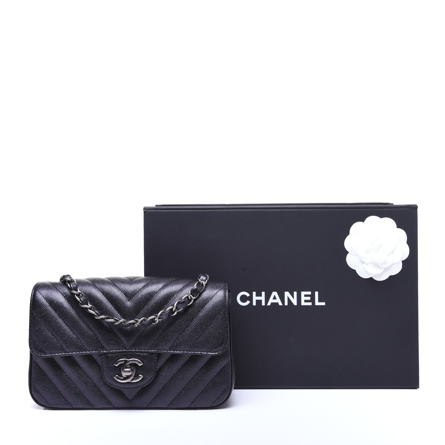 Chanel Metallic Caviar Chevron Quilted Mini Rectangular Flap Black 13 of 13
