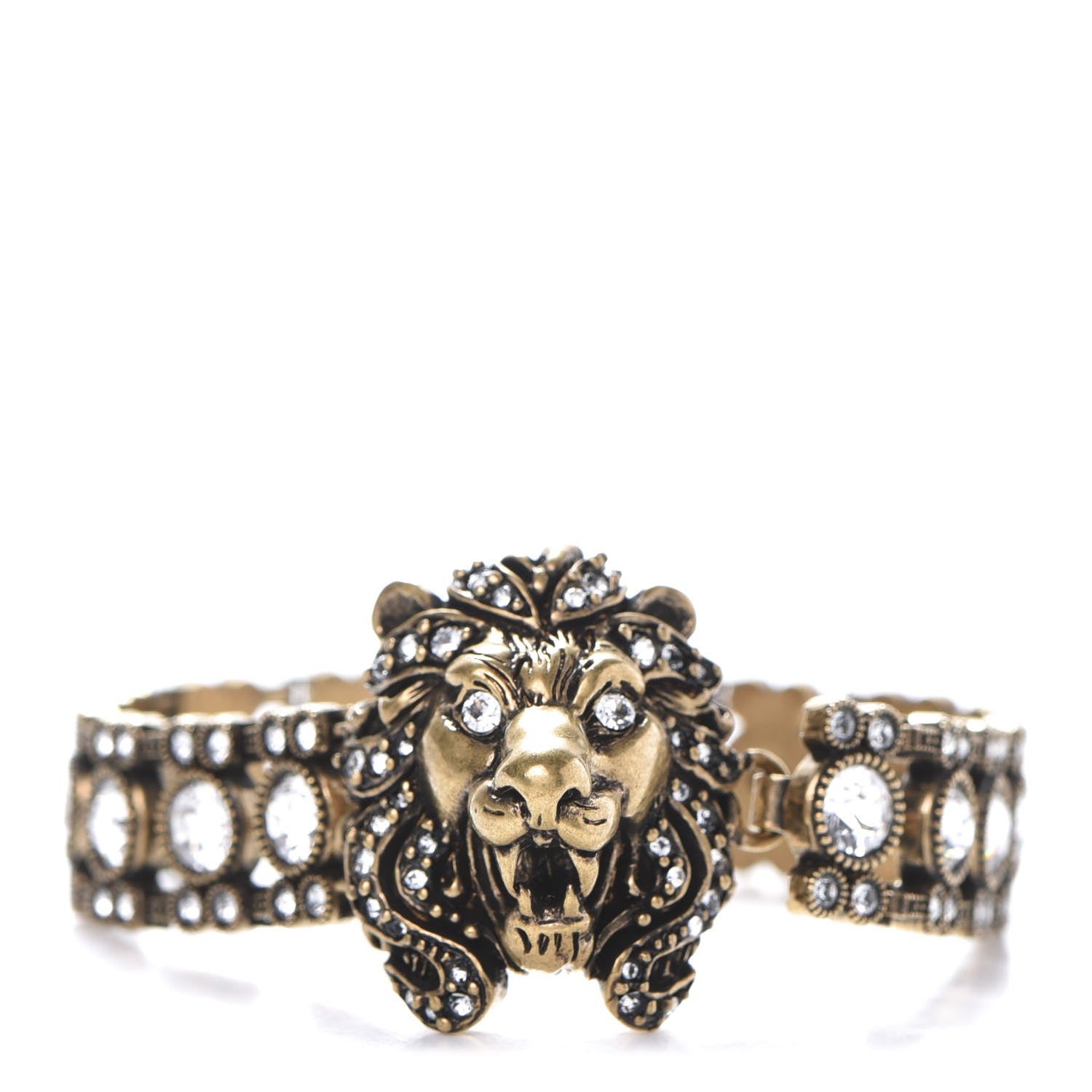Gucci Metal Crystal Lion Head Bracelet L Aged Gold 1 of 4