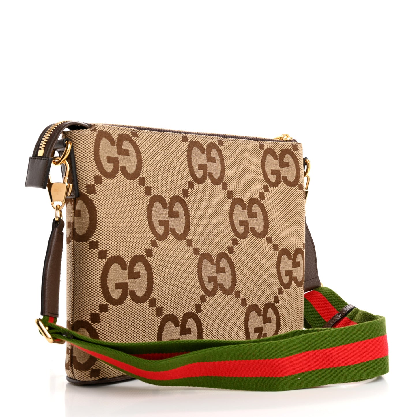 Monogram Jumbo GG Textured Dollar Calfskin Web Wristlet Messenger Bag Camel Ebony New Acero