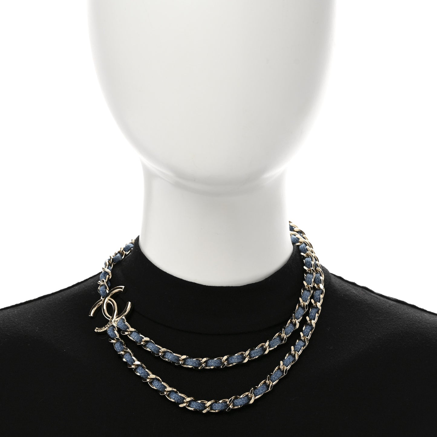 Metal Denim CC Double Chain Necklace Blue Gold