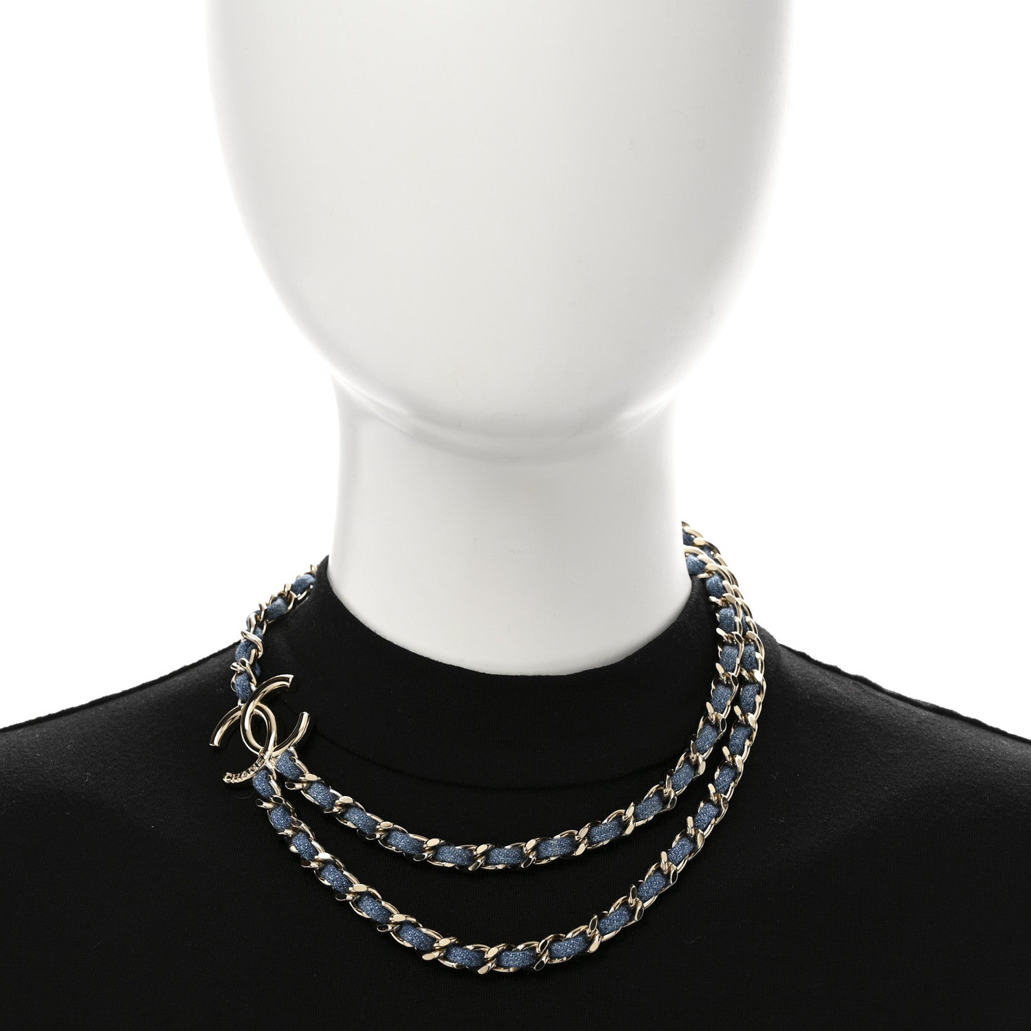 Chanel Metal Denim CC Double Chain Necklace Blue Gold 2 of 7