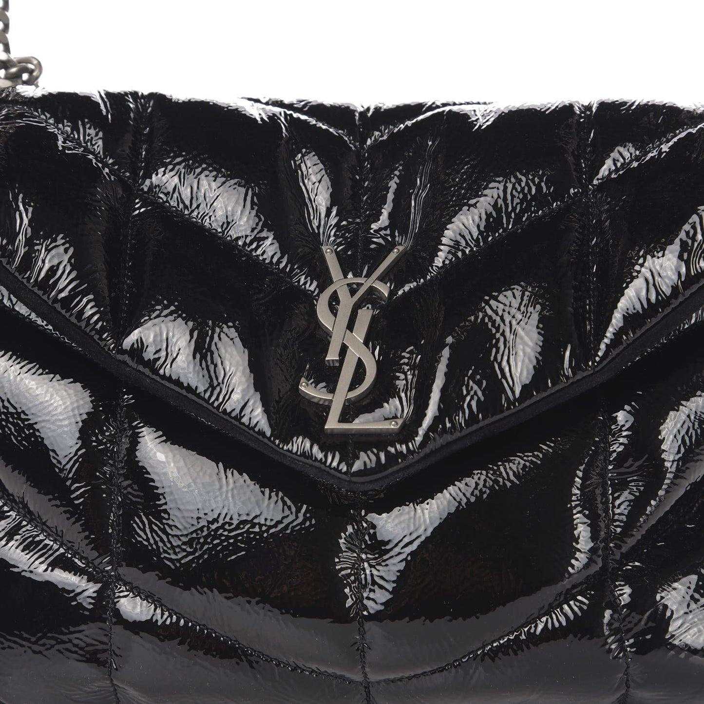 Shiny Calfskin Quilted Medium Loulou Puffer Monogram Chain Satchel Black