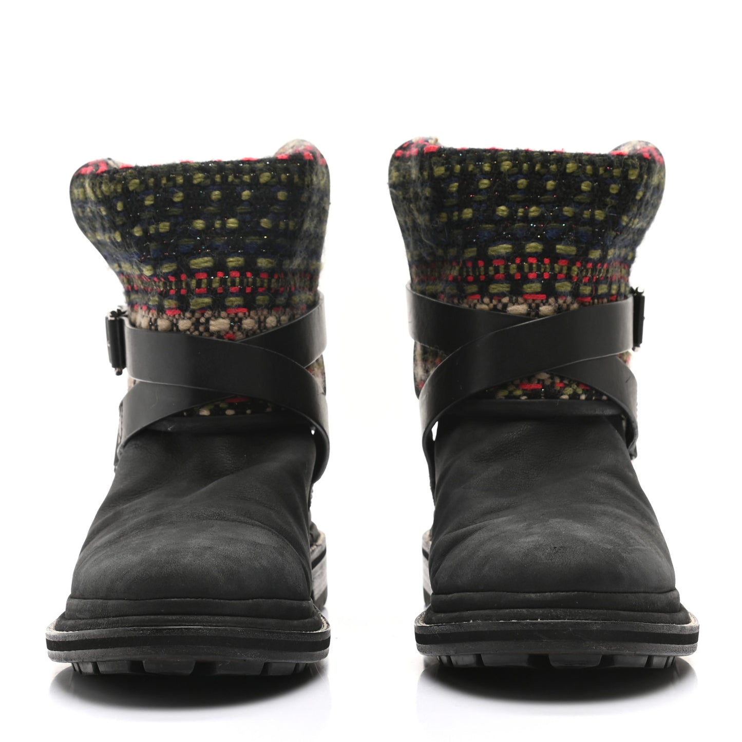 Tweed Calfskin CC Short Boots 40 Black Green Red