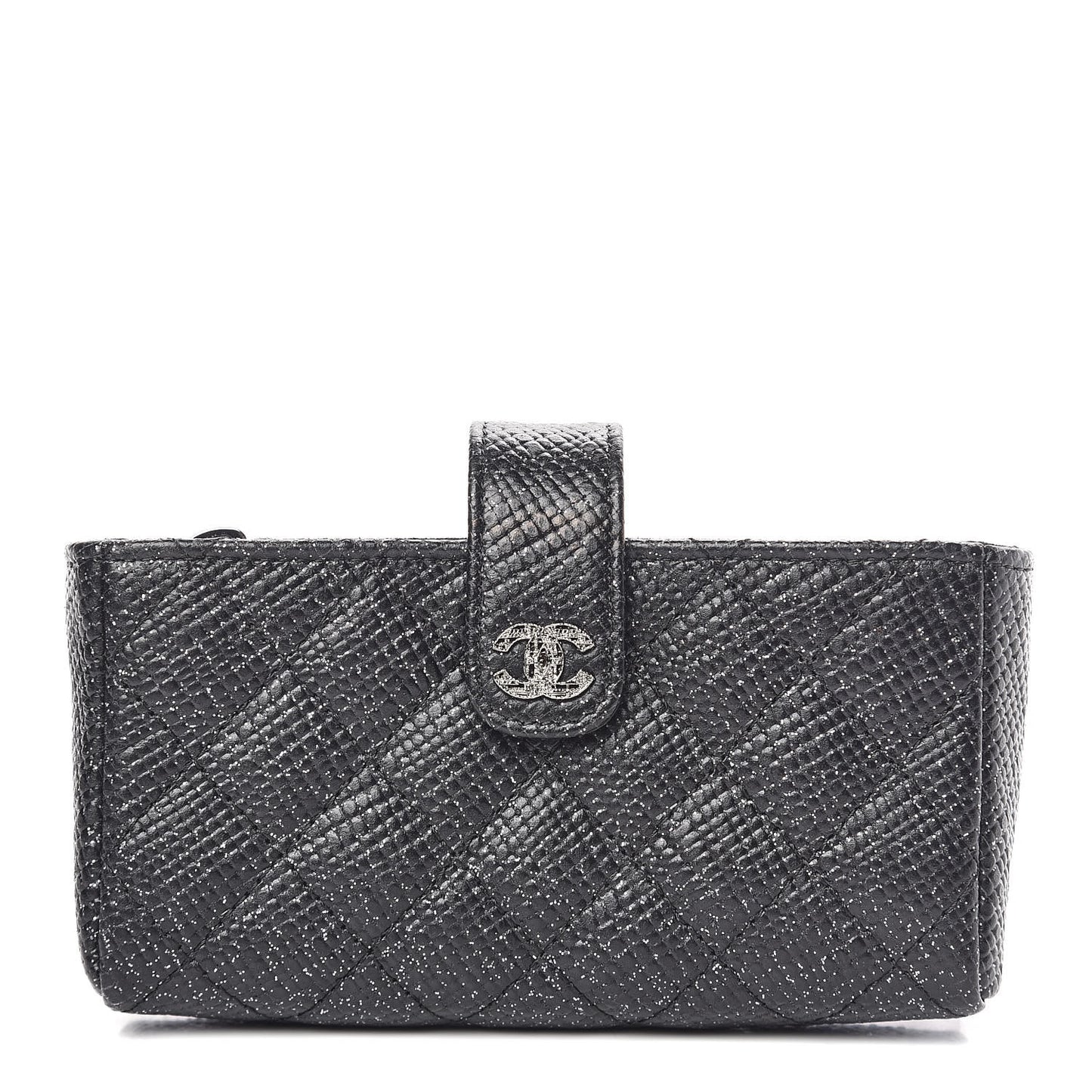 Glittered Calfskin Quilted Mini Phone Holder Clutch Black