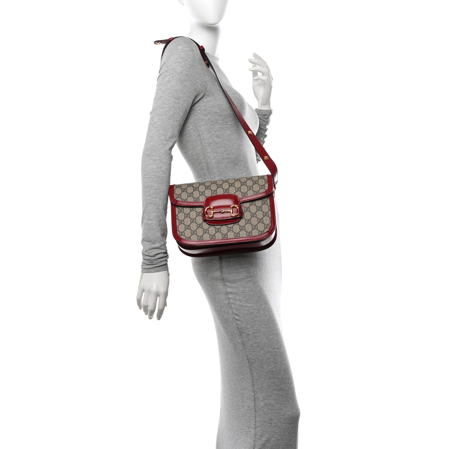 GG Supreme Monogram Azalea Calfskin Horsebit 1955 Shoulder Bag Beige Ebony New Cherry Red