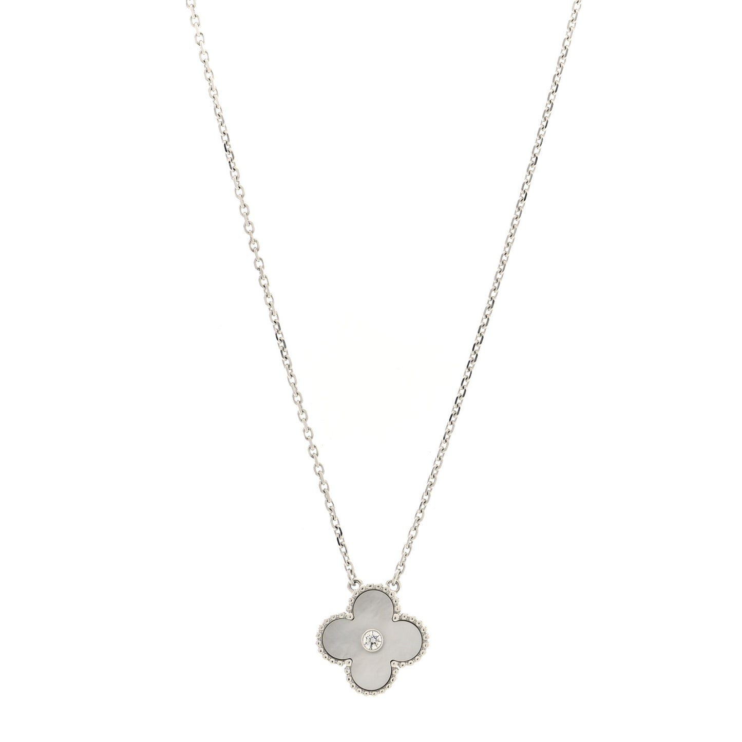 18K White Gold Diamond Mother of Pearl Vintage Alhambra Pendant Necklace