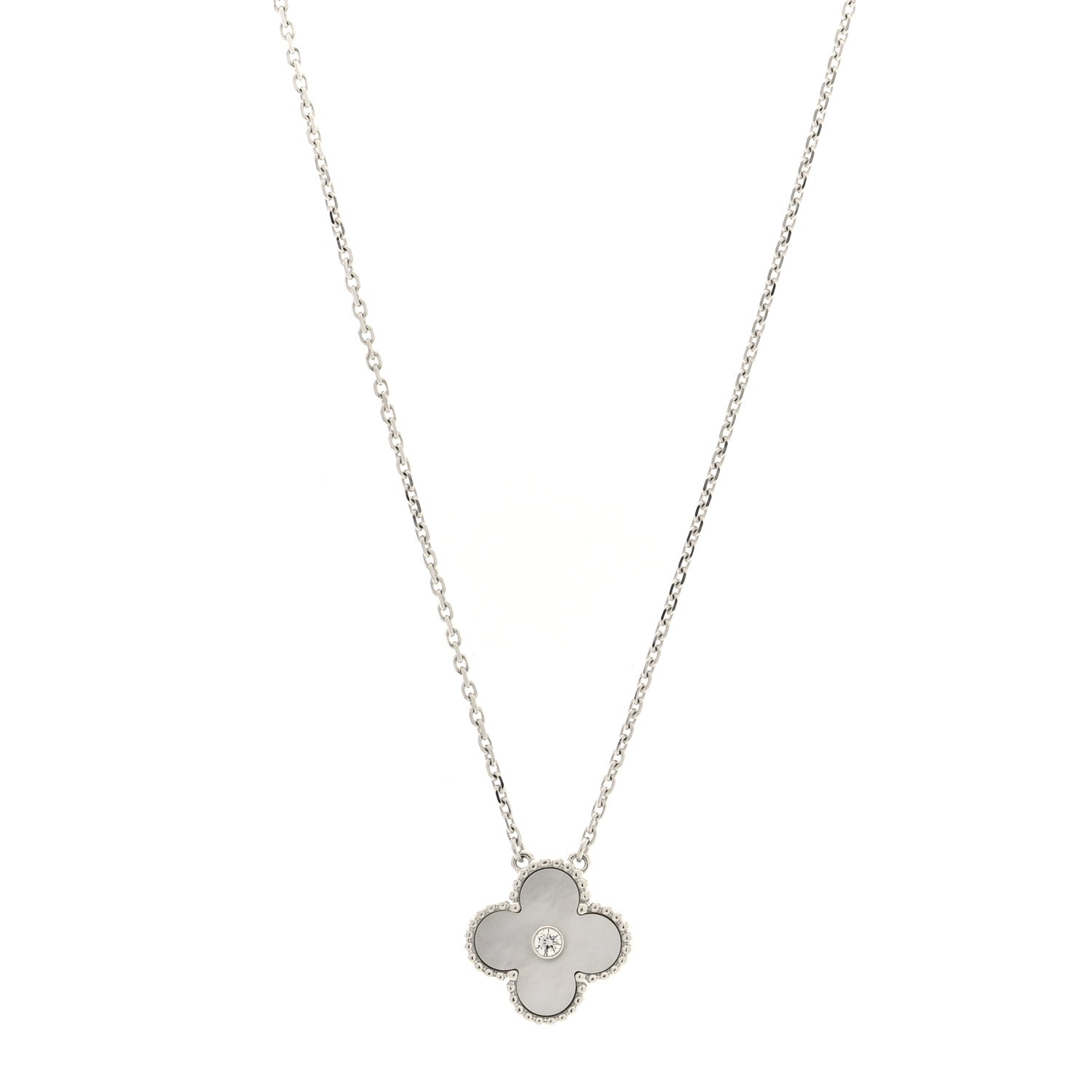Van Cleef & Arpels 18K White Gold Diamond Mother of Pearl Vintage Alhambra Pendant Necklace 1 of 4