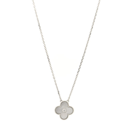 Van Cleef & Arpels 18K White Gold Diamond Mother of Pearl Vintage Alhambra Pendant Necklace 1 of 4