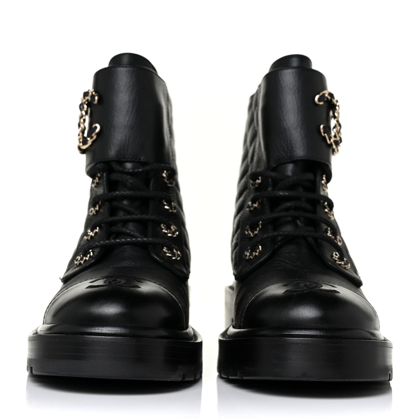 Shiny Lambskin Quilted Lace Up Combat Boots 38 Black