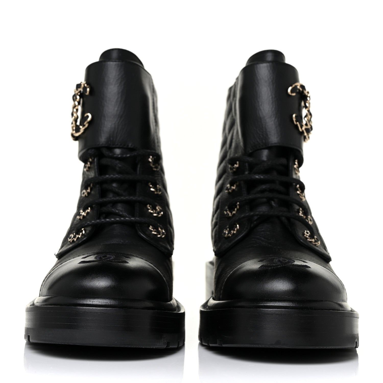 Chanel Shiny Lambskin Quilted Lace Up Combat Boots 38 Black 4 of 10