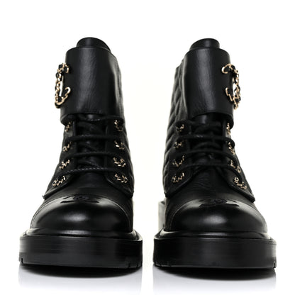Chanel Shiny Lambskin Quilted Lace Up Combat Boots 38 Black 4 of 10