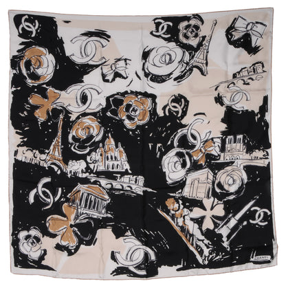 Chanel Silk Paris Scarf Black Beige 2 of 5