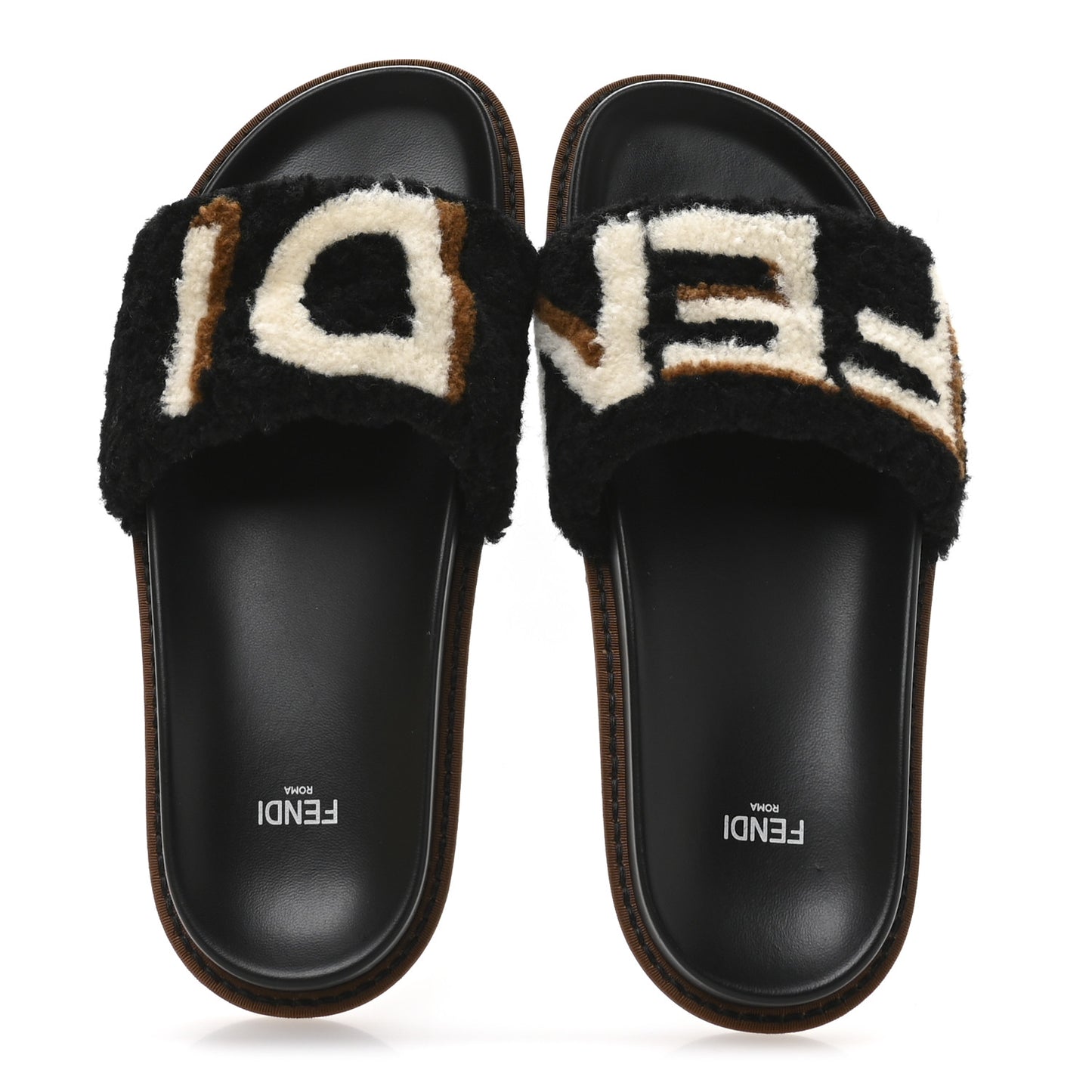 Shearling Logo Slide Sandals 38 Black Latte Brownie