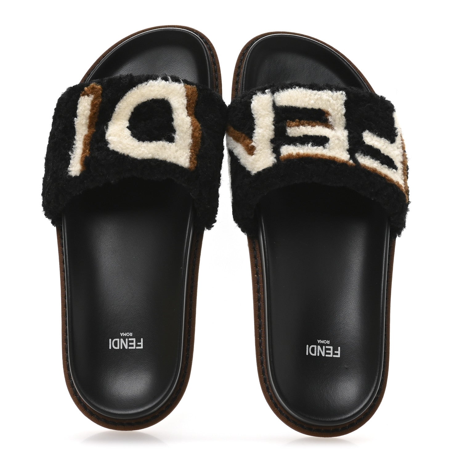 Fendi Shearling Logo Slide Sandals 38 Black Latte Brownie 2 of 8