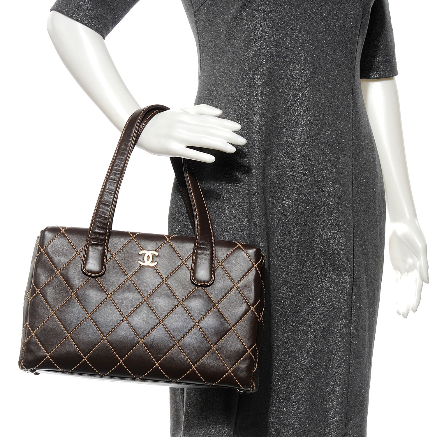 Chanel Leather Quilted Surpique Stitched Tote Brown 2 of 7