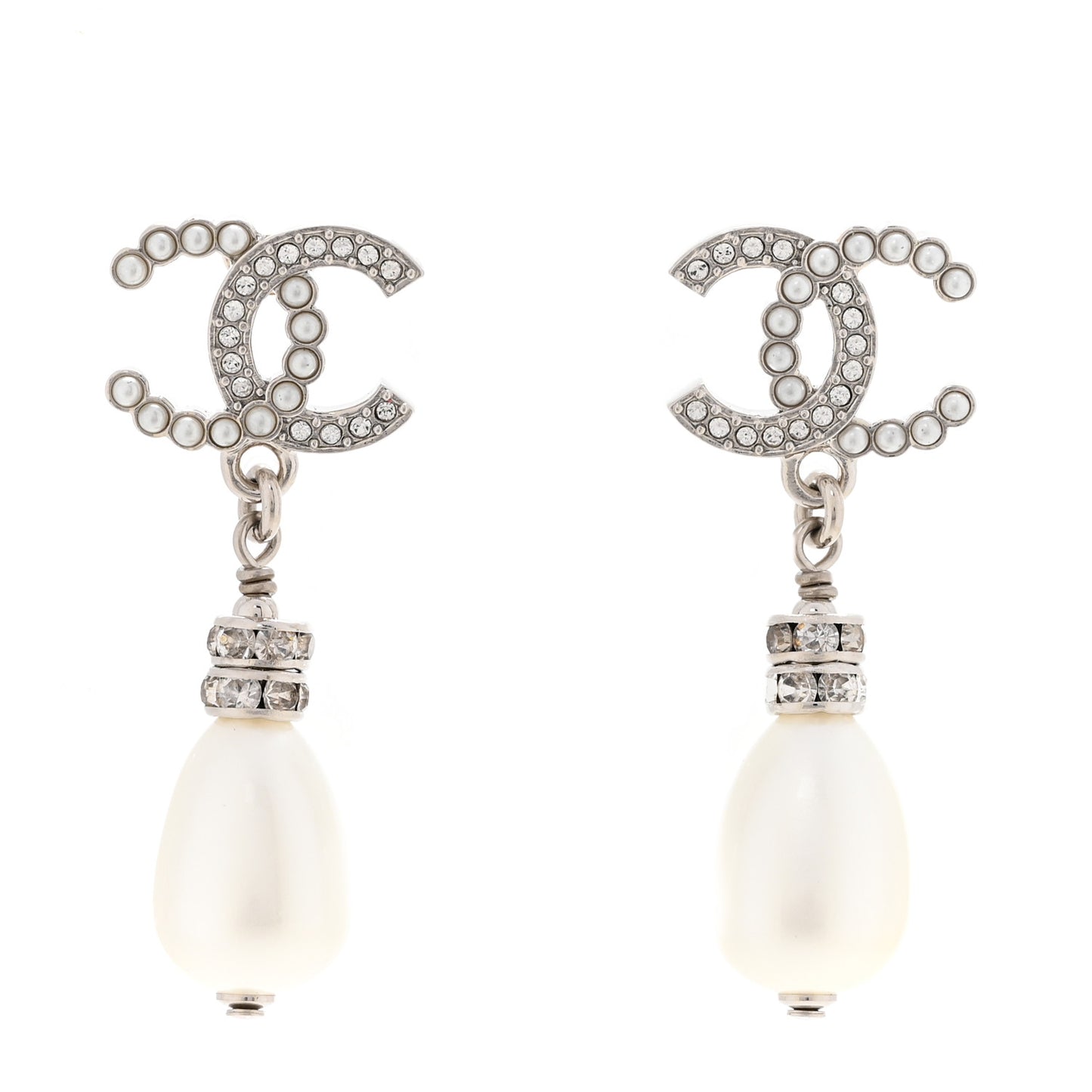 Crystal Pearl CC Drop Earrings Silver Pearly White