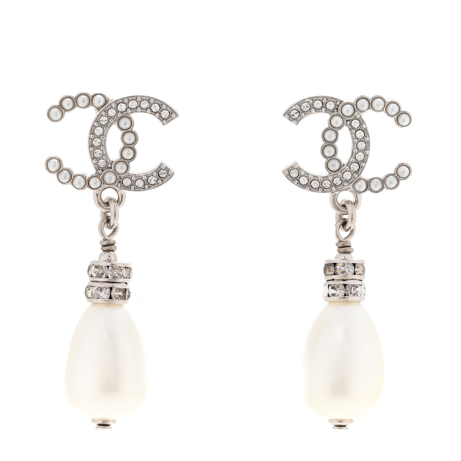 Chanel Crystal Pearl CC Drop Earrings Silver Pearly White 1 of 5