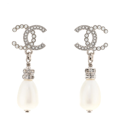 Chanel Crystal Pearl CC Drop Earrings Silver Pearly White 1 of 5