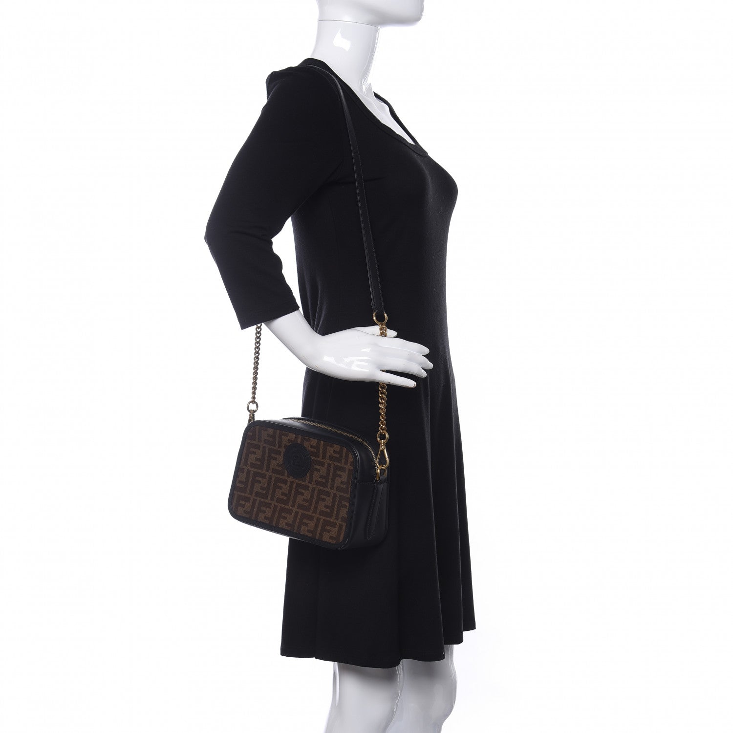 Fendi Glazed Fabric Vitello Century FF 1974 Stamp Patch Camera Case Mogano Panna Black 2 of 9