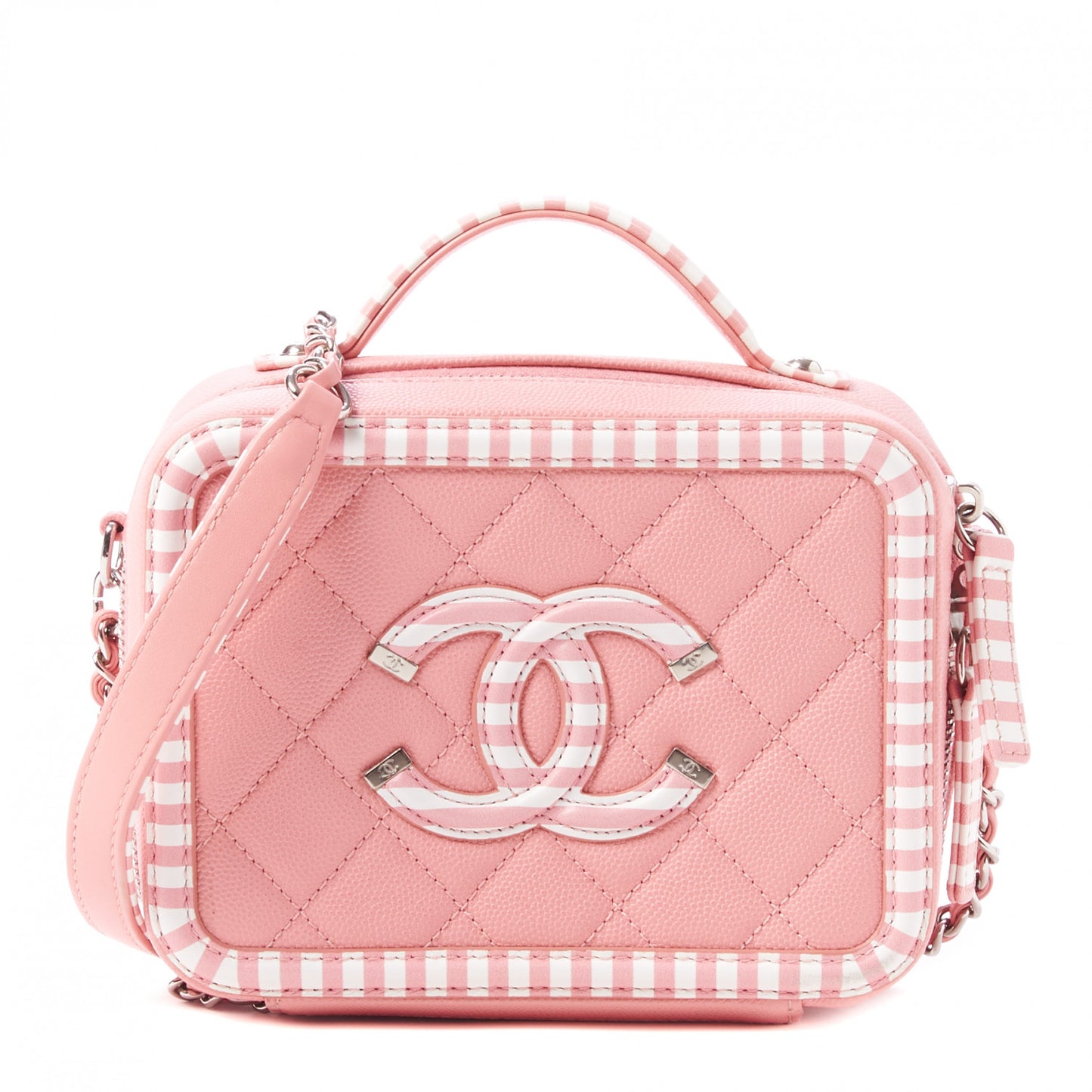Caviar Quilted Striped Small CC Filigree Vanity Case Pink White