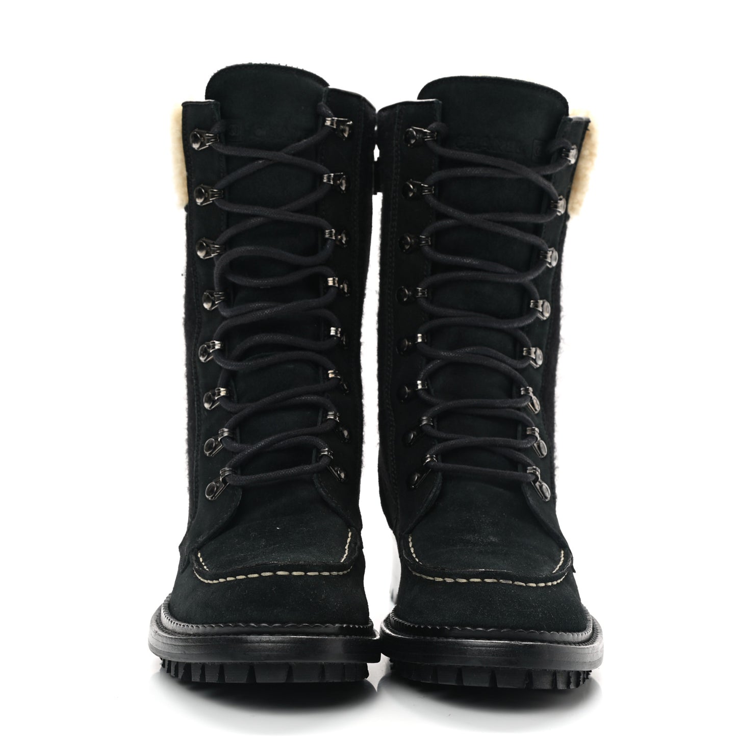 Suede Shearling CC Lace Up Combat Boots 36.5 Black
