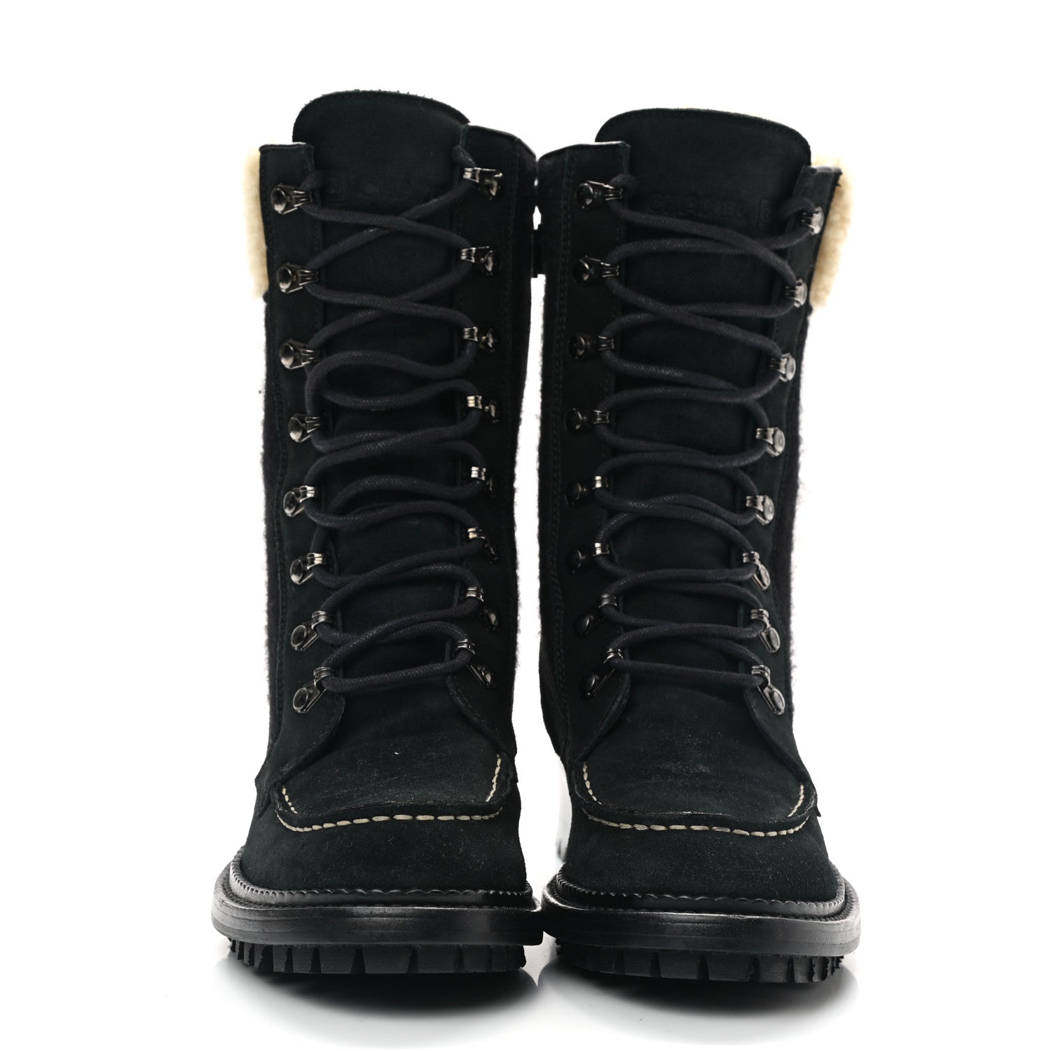 Chanel Suede Shearling CC Lace Up Combat Boots 36.5 Black 2 of 8
