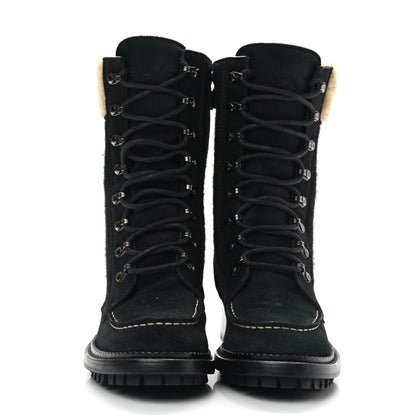 Chanel Suede Shearling CC Lace Up Combat Boots 36.5 Black 2 of 8