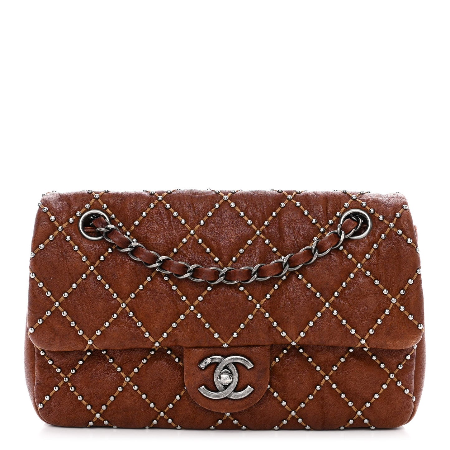 Washed Lambskin Studded Metal Beauty Flap Brown