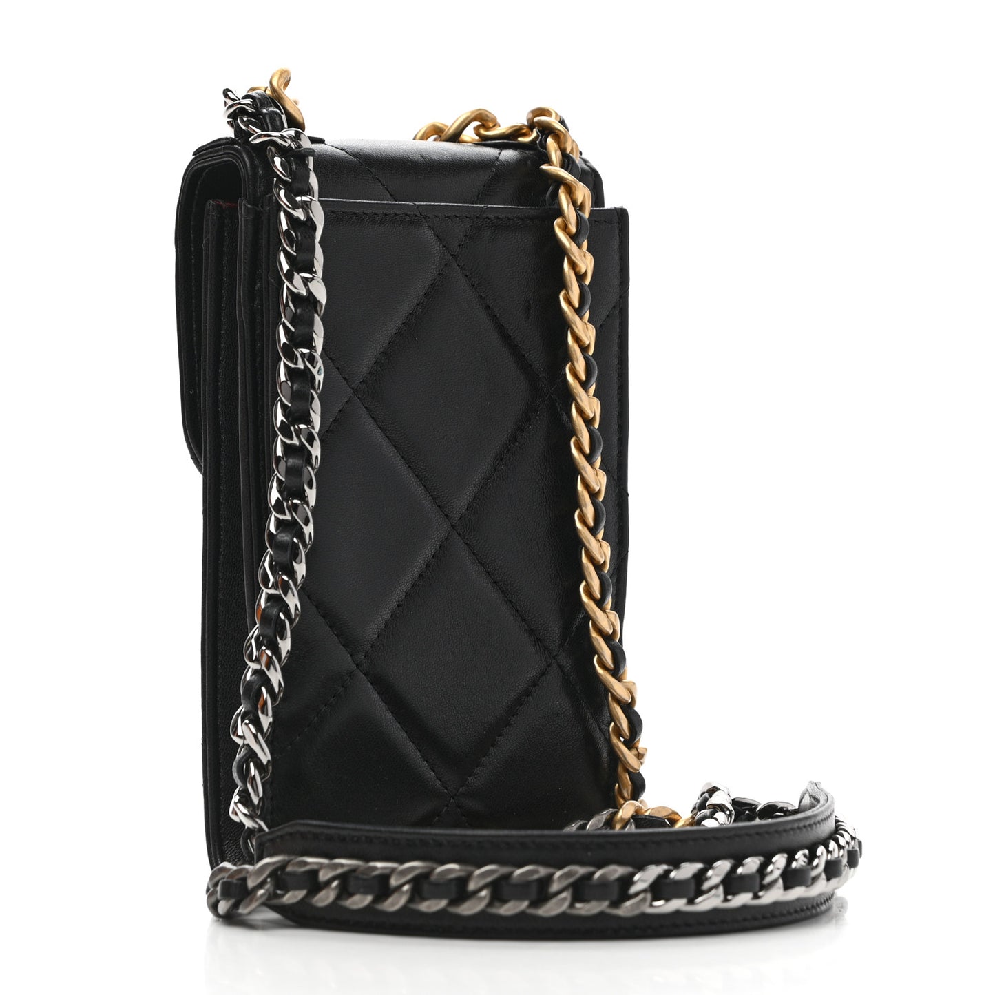 Lambskin Quilted Chanel 19 Phone Holder With Chain Black