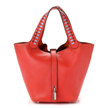 Hermes Epsom Tressage De Cuir Picotin Lock 18 PM Capucine Celeste Rouge H 1 of 10