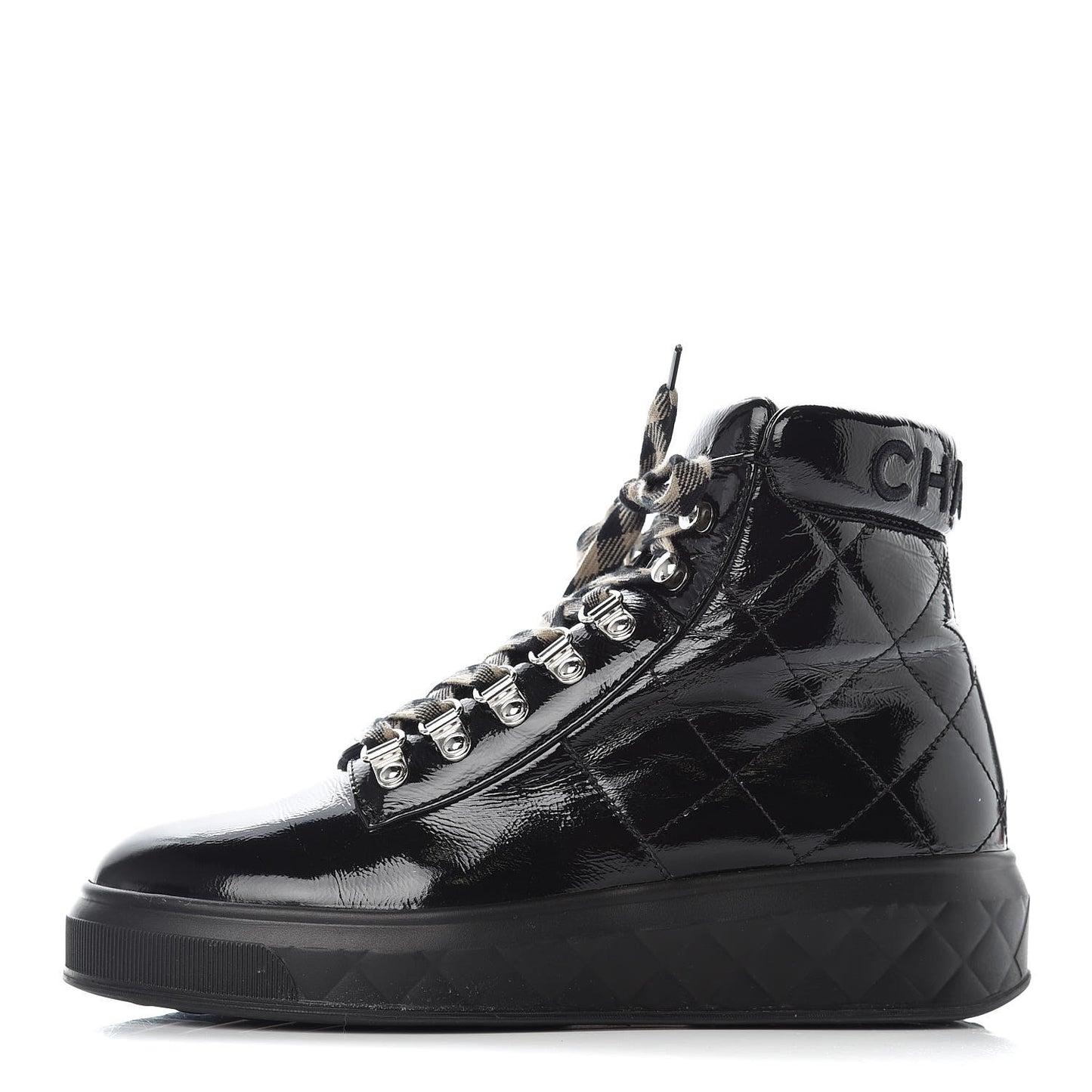 Patent Calfskin Quilted Womens High Top Sneakers 37.5 Black