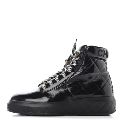 Chanel Patent Calfskin Quilted Womens High Top Sneakers 37.5 Black 1 of 10