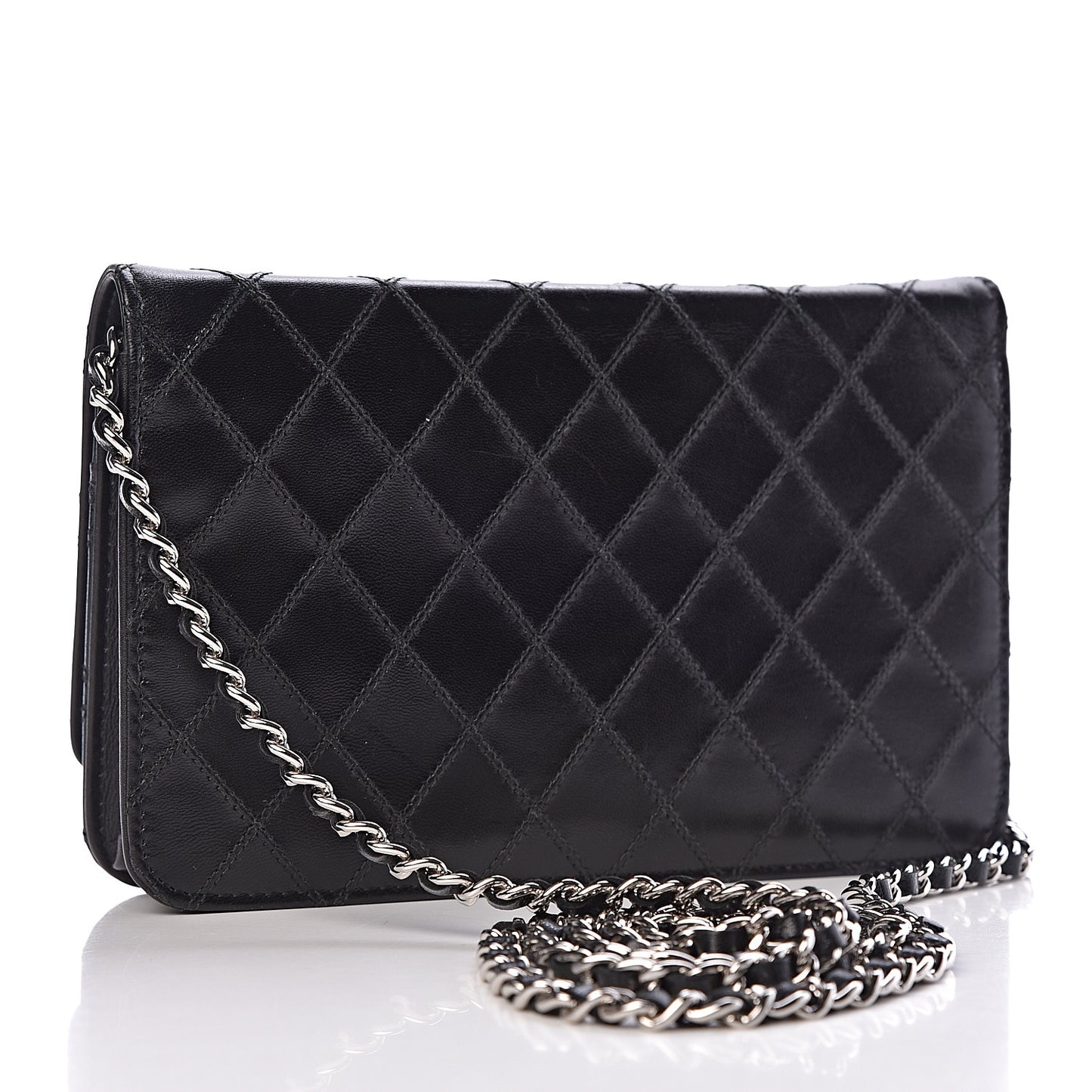 Lambskin Diamond Stitched Wallet On Chain WOC Black