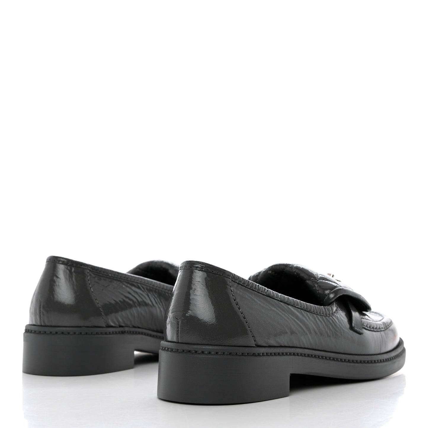 Crumpled Shiny Lambskin Quilted CC Turnlock Loafers 39.5 Dark Grey
