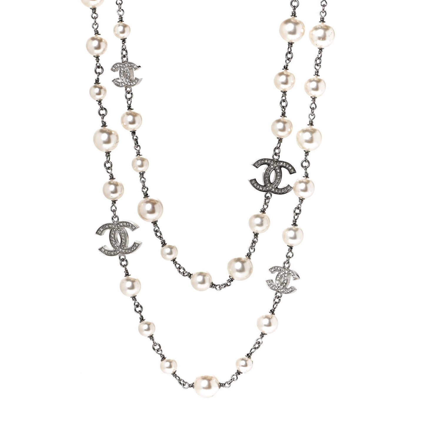 Graduated Pearl Crystal CC Long Necklace Silver