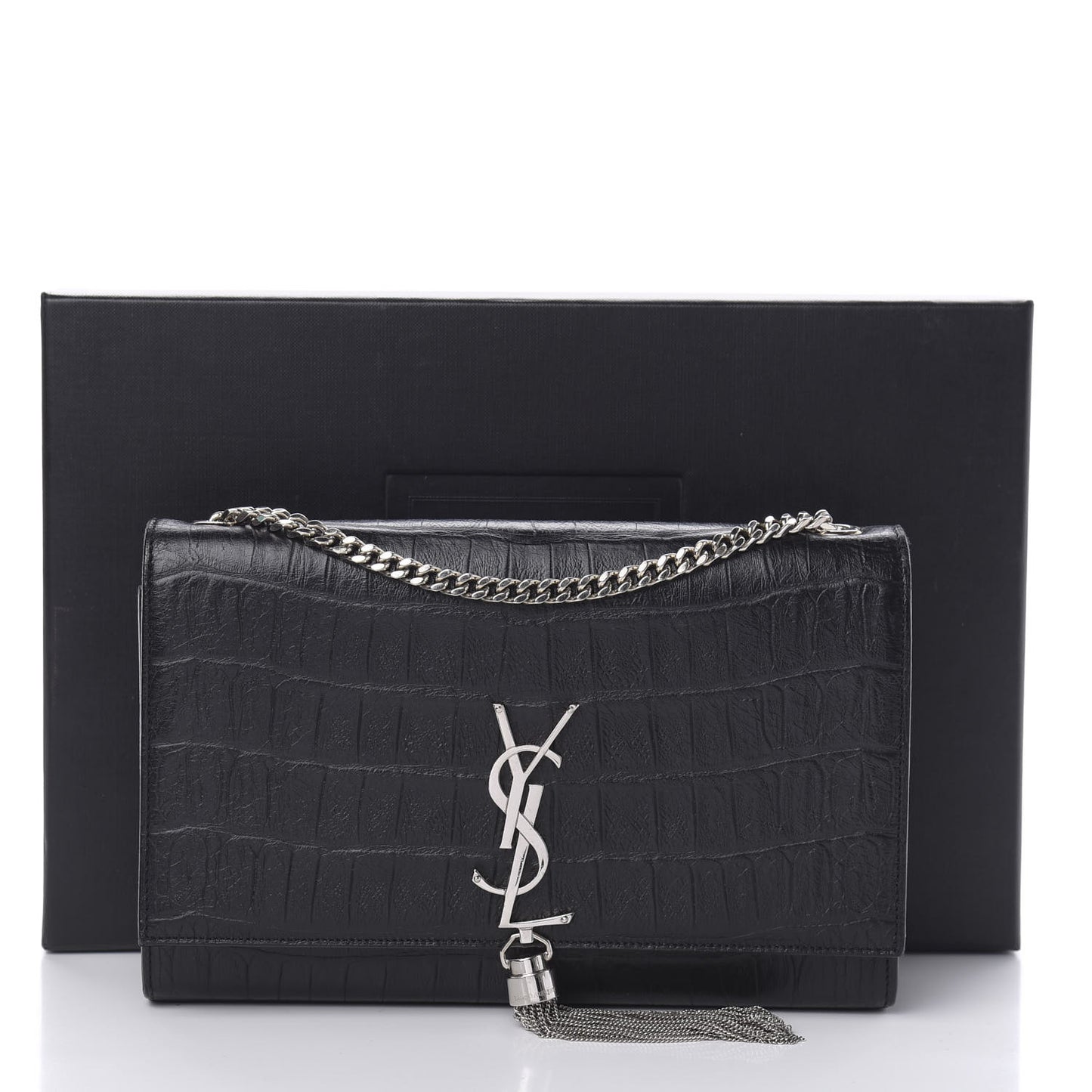 Calfskin Crocodile Embossed Medium Classic Monogram Kate Tassel Satchel Black