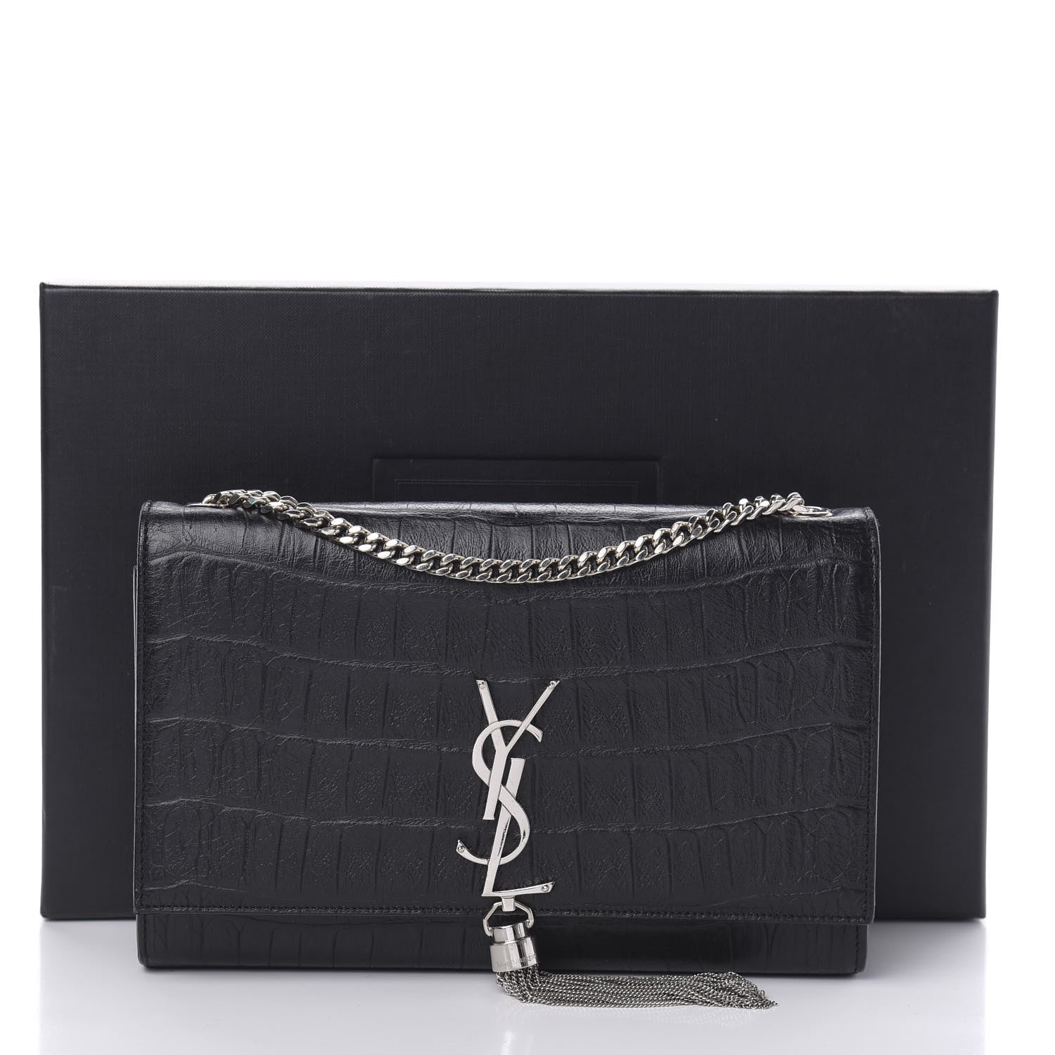 Saint Laurent Calfskin Crocodile Embossed Medium Classic Monogram Kate Tassel Satchel Black 13 of 13