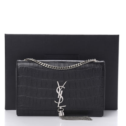 Saint Laurent Calfskin Crocodile Embossed Medium Classic Monogram Kate Tassel Satchel Black 13 of 13