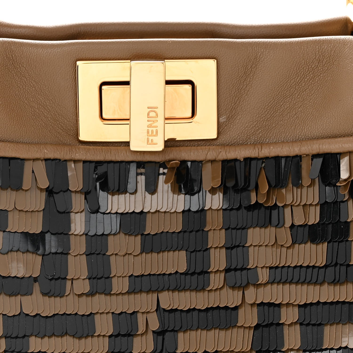 Fendi Vitello Catalan Mirror Sequin FF 1974 Embroidered Mini Peekaboo Iconic Satchel Tobacco Moro Sand Black 10 of 11