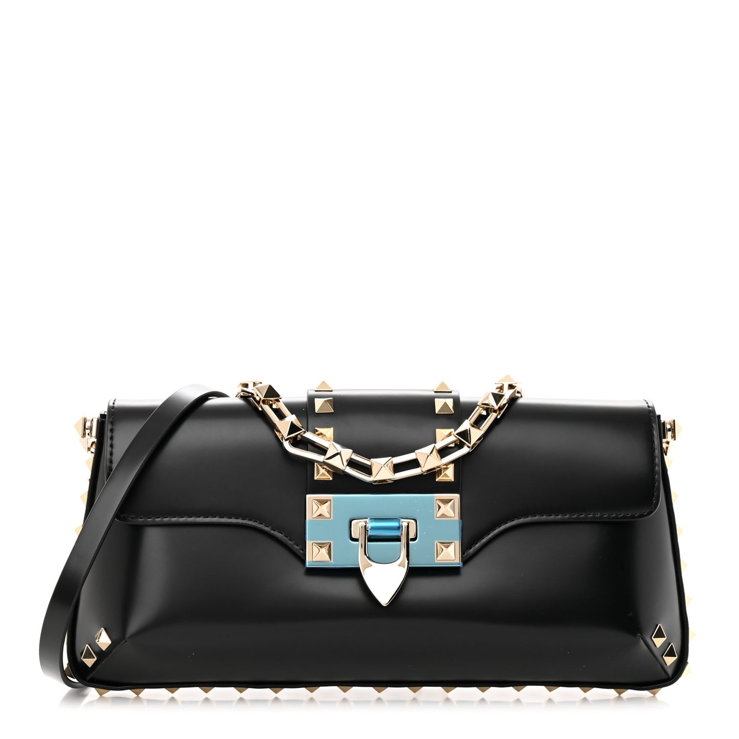 Brushed Calfskin Rockstud Flip Lock Chain Shoulder Bag Black