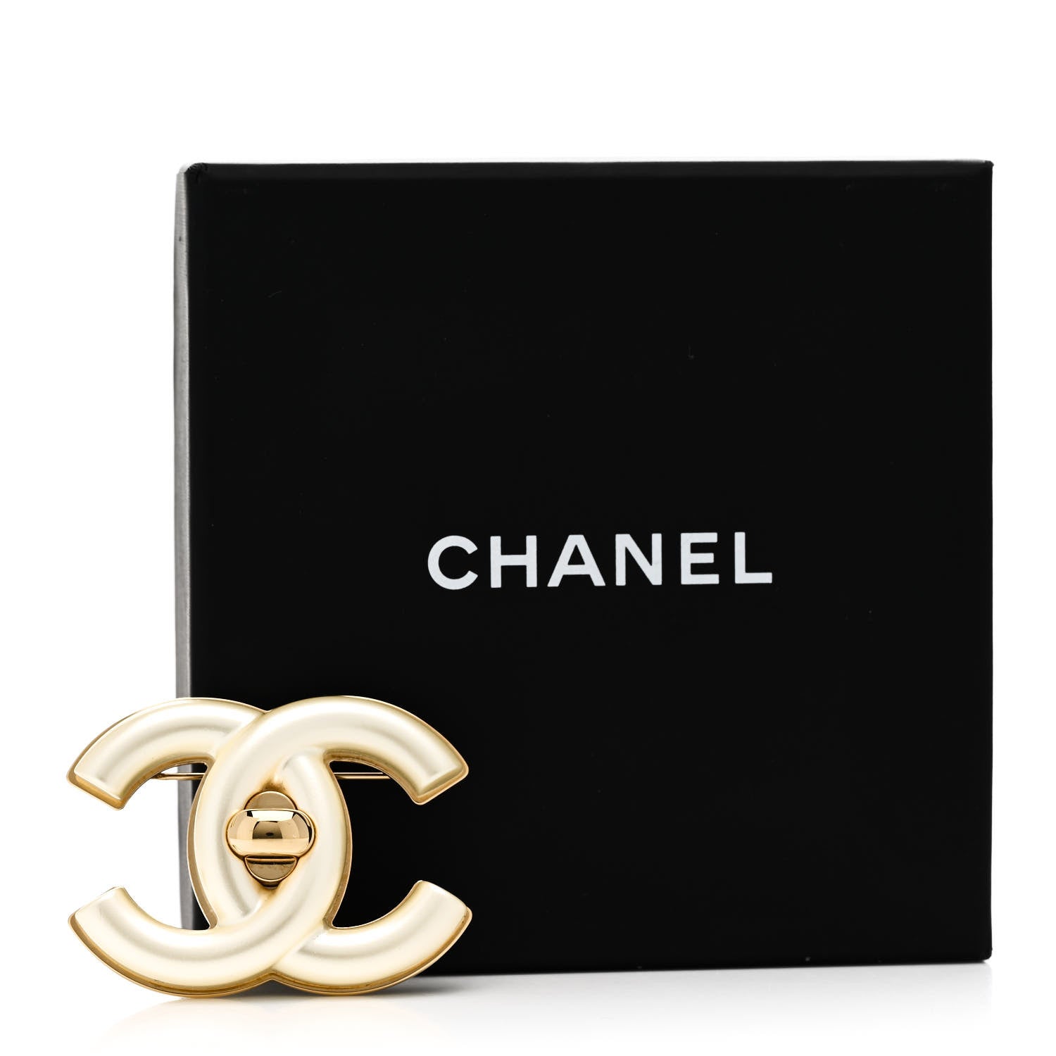 Chanel Resin CC Turnlock Brooch Gold Pearly White 4 of 4