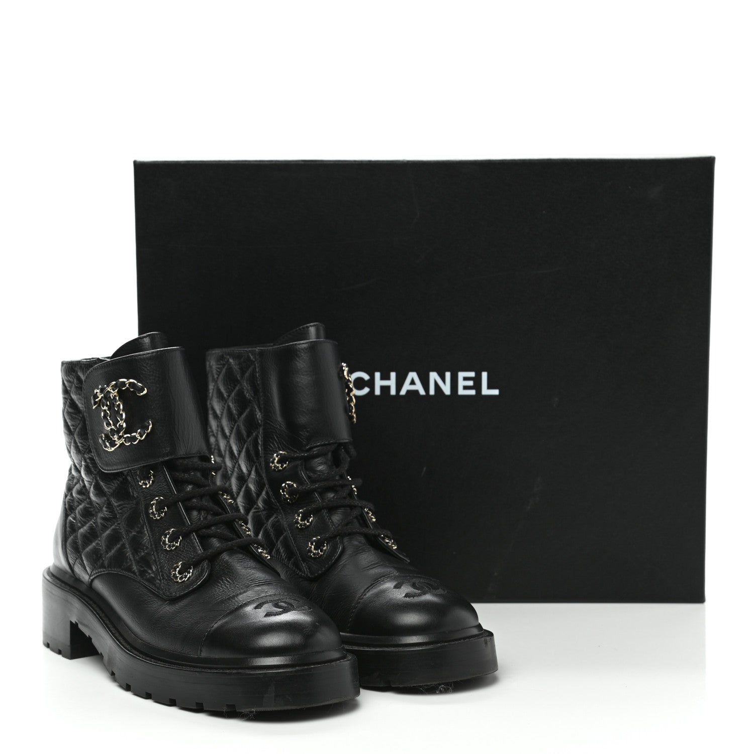 Chanel Shiny Goatskin Calfskin Quilted Lace Up Combat Boots 39 Black 10 of 10