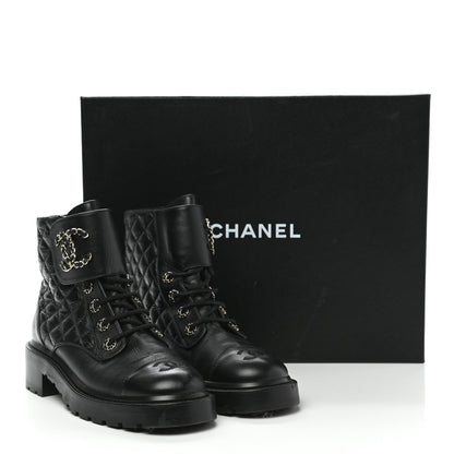 Chanel Shiny Goatskin Calfskin Quilted Lace Up Combat Boots 39 Black 10 of 10
