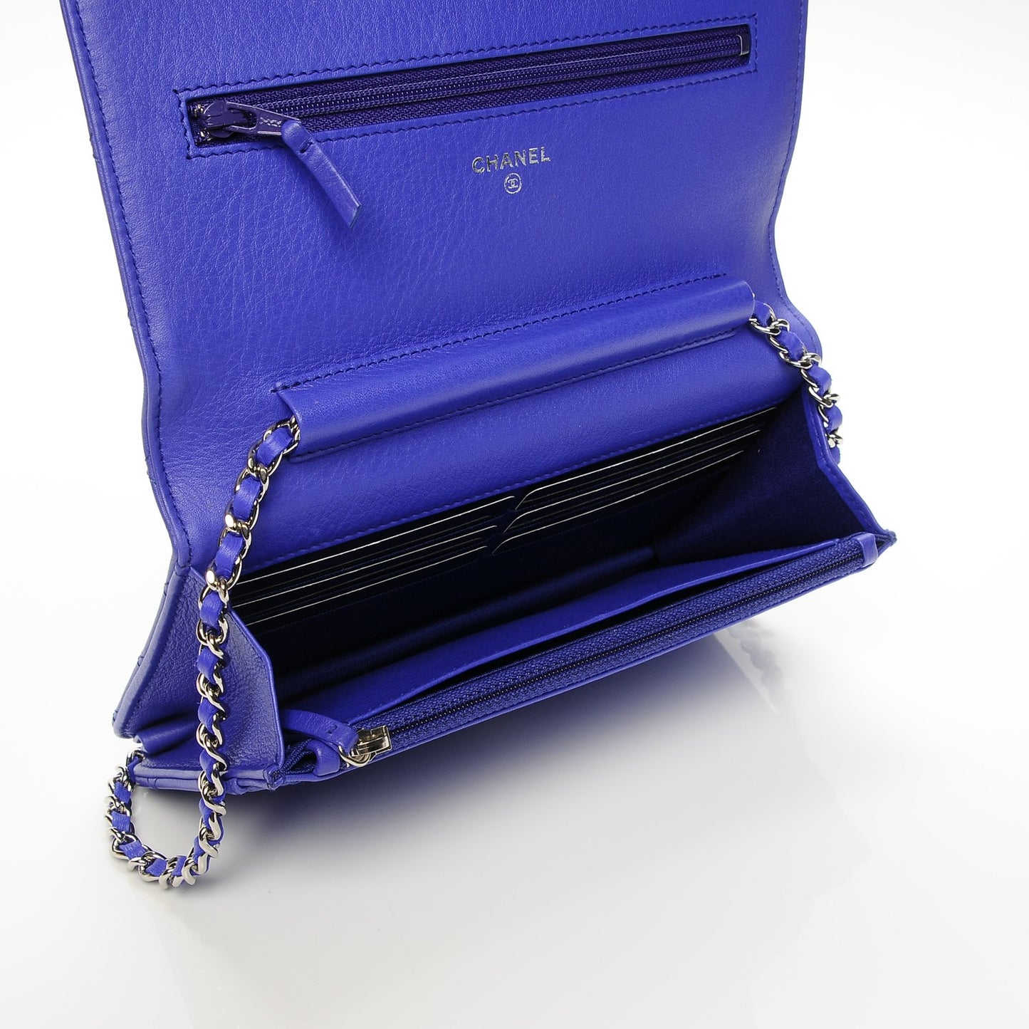 Calfskin Quilted Fancy CC Wallet On Chain WOC Blue