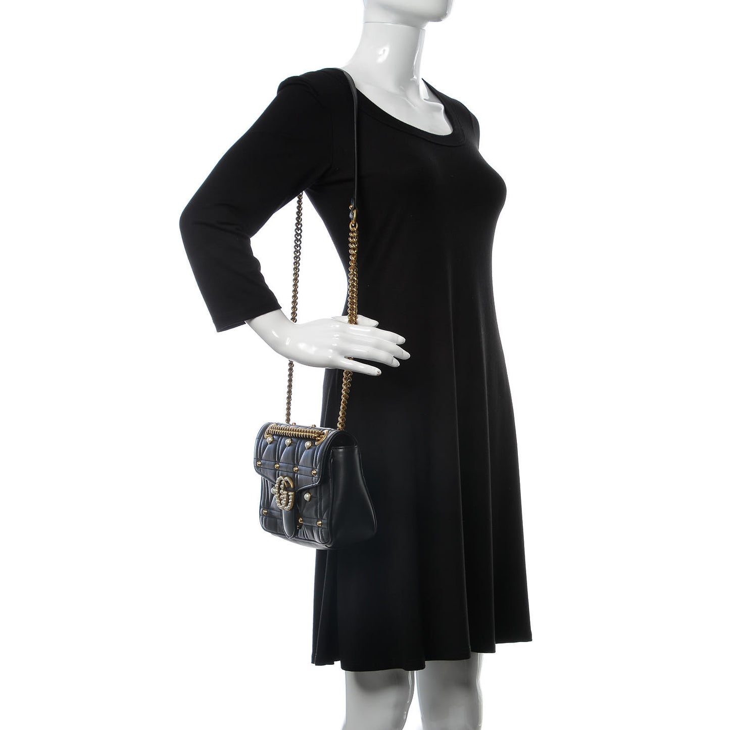 Calfskin Matelasse Studded Small Pearly GG Marmont Shoulder Bag Black