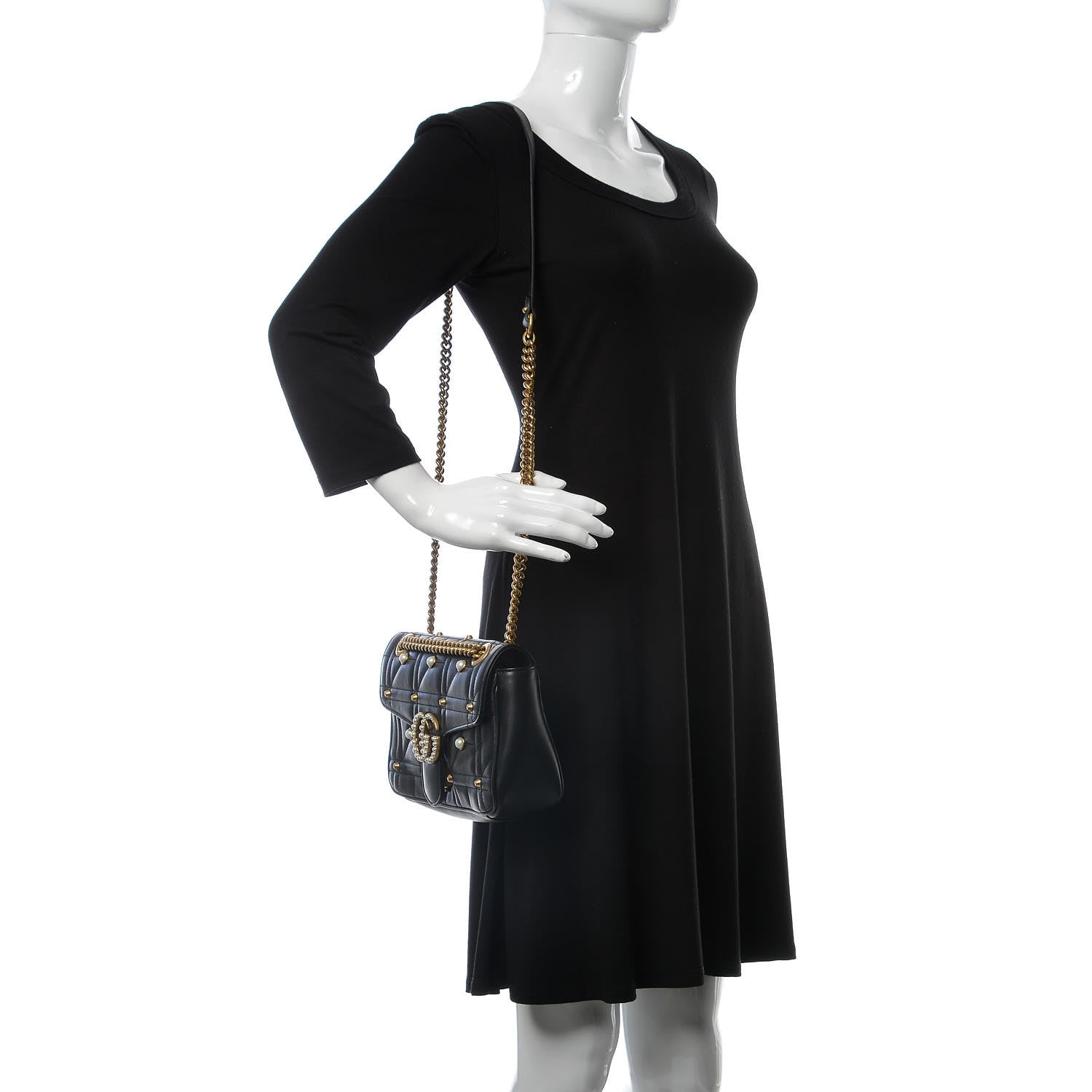 Gucci Calfskin Matelasse Studded Small Pearly GG Marmont Shoulder Bag Black 2 of 7