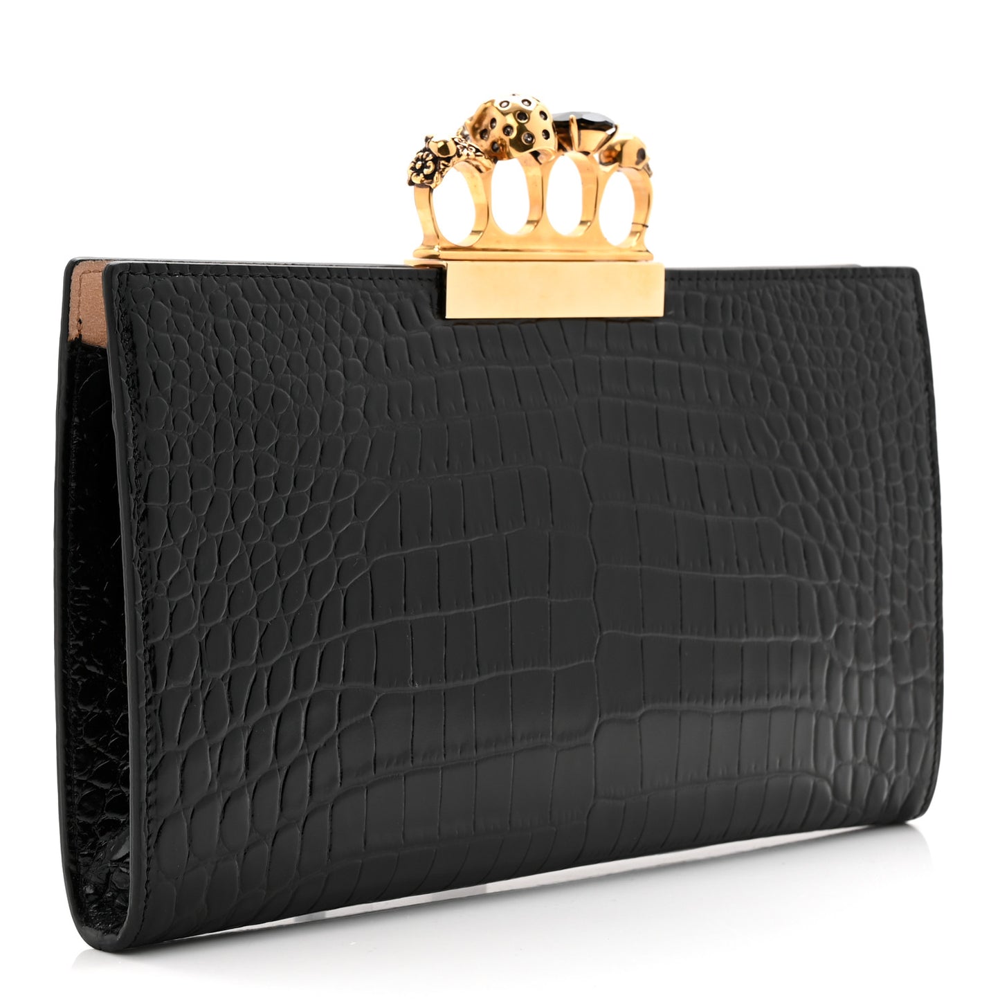 Calfskin Crocodile Embossed Knuckle Flat Clutch Black Gold