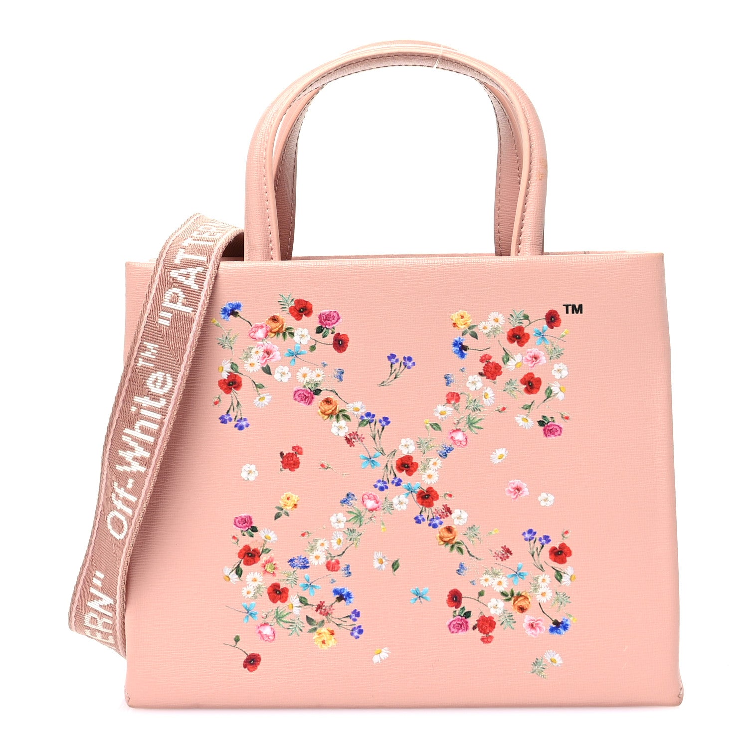 Off-White Saffiano Floral Printed Mini Arrow Crossbody Tote Pink Multicolor 1 of 13