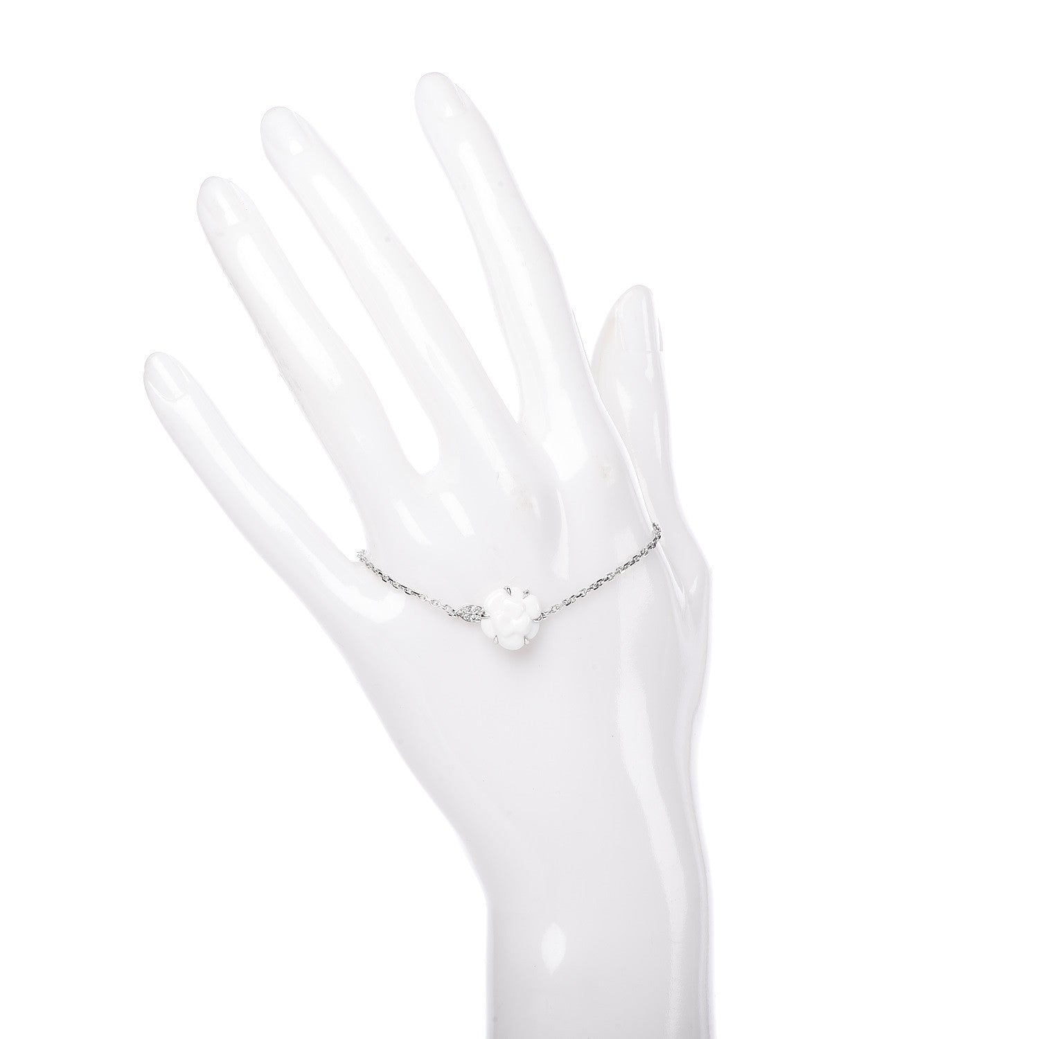 Chanel 18K White Gold White Agate Diamond Camelia Sculpté Bracelet 2 of 4