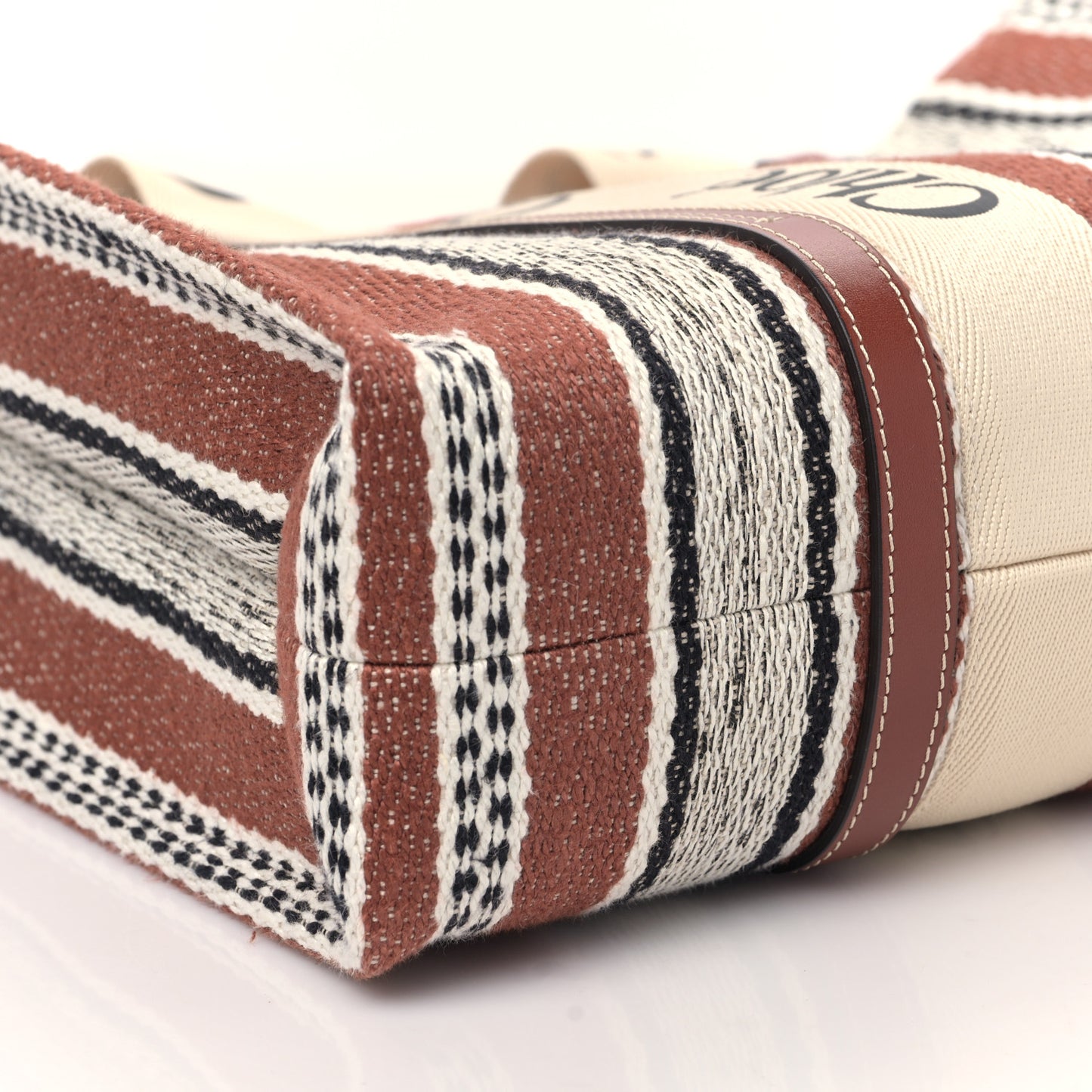 Woven Linen Large Woody Striped Ribbon Tote Sepia Brown